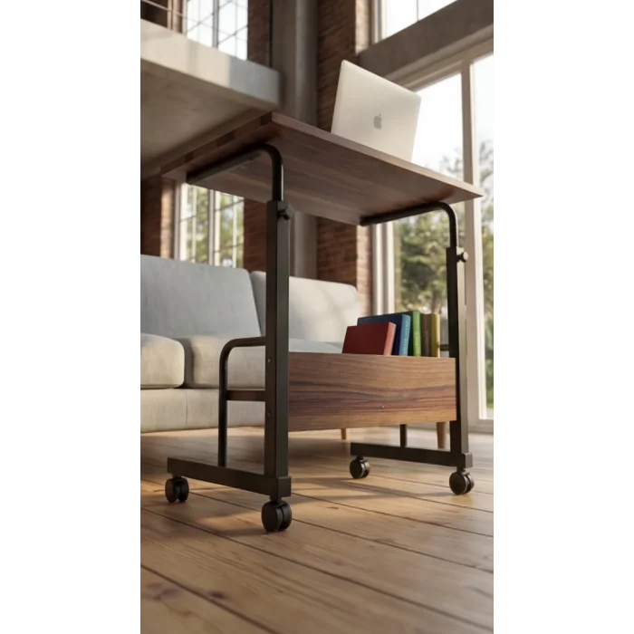 60X40 Raflı Yükseklik Ayarlı Frenli Tekerlekli Laptop Sehpası Çalışma Masası