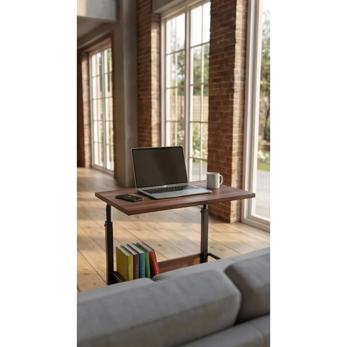 60X40 Raflı Yükseklik Ayarlı Frenli Tekerlekli Laptop Sehpası Çalışma Masası