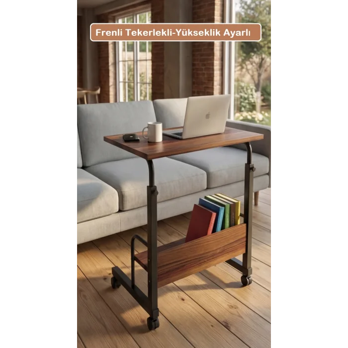 60X40 Raflı Yükseklik Ayarlı Frenli Tekerlekli Laptop Sehpası Çalışma Masası