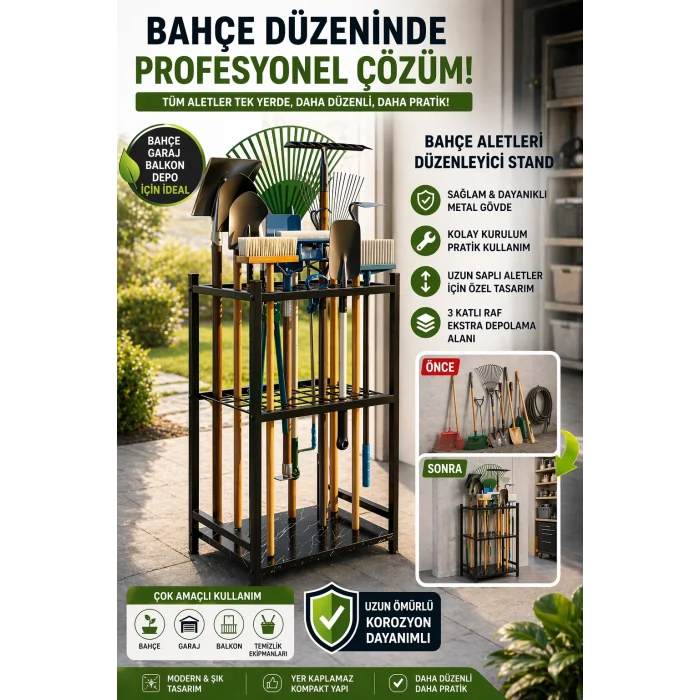 Bahçe Aletleri Düzenleyici Stand Kazma Kürek Organizer Raf Çok Amaçlı Metal Garaj Balkon Rafı