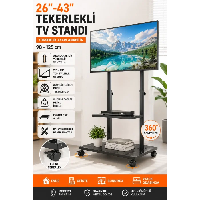 26-43 İnç Uyumlu Frenli Tekerlekli Yükseklik Ayarlı Mobil Tv Standı Konsol Hareketli Televizyon Ünitesi