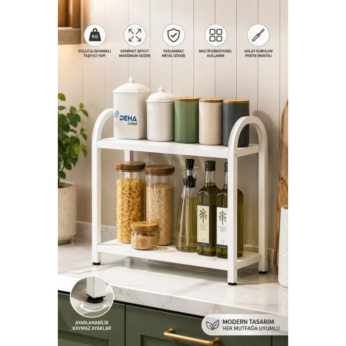 Banyo-Mutfak Toparlayıcı Düzenleyici Organizer 2 Katlı Geniş Metal Beyaz Tezgah Üstü Raf