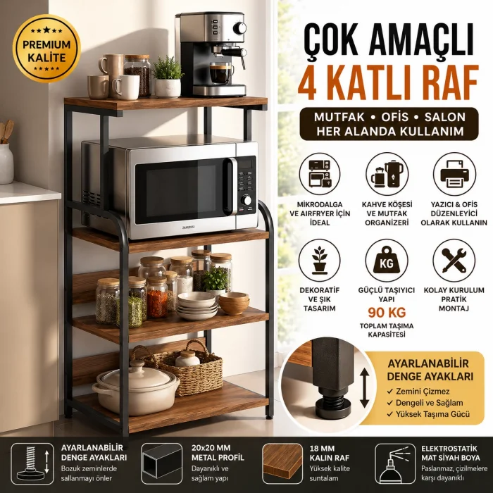 Çok Amaçlı 4 Katlı Mutfak Rafı Mikrodalga Standı Kahve Köşesi Organizeri Airfryer Raflı Sehpa