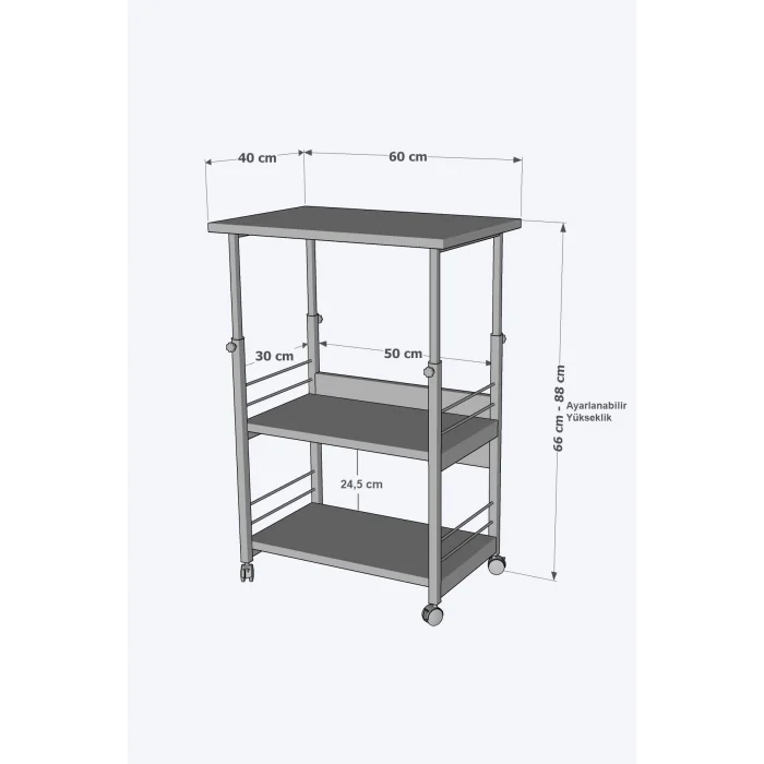 Çok Amaçlı Yükseklik Ayarlı Frenli Tekerlekli 3 Katlı Mutfak Fırınlık Kahve Masası Yazıcı Sehpası Servis Standı
