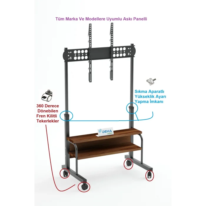 Frenli Tekerlekli Yükseklik Ayarlı TV Duvar Paneli  Tv Standı Konsol Hareketli Televizyon Ünitesi