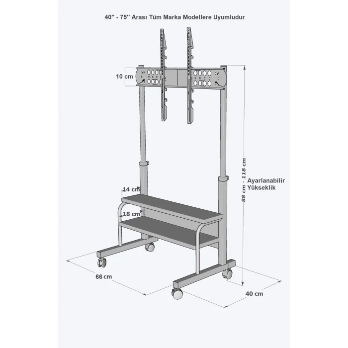 Frenli Tekerlekli Yükseklik Ayarlı TV Duvar Paneli  Tv Standı Konsol Hareketli Televizyon Ünitesi