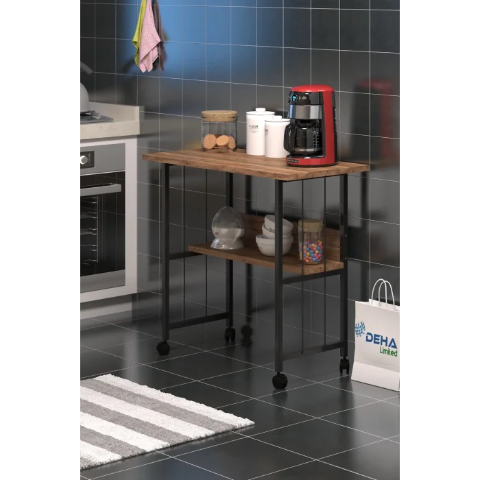 Raflı Frenli Tekerlekli Ofis Ders Laptop Çalışma Masası Metal Ayaklı Mutfak Tekerli Masa KAHVERENGİ