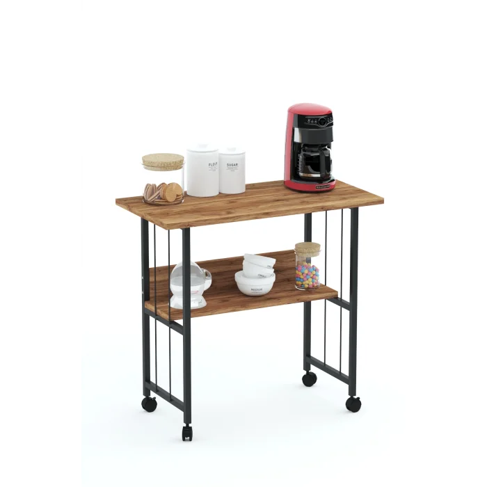 Raflı Frenli Tekerlekli Ofis Ders Laptop Çalışma Masası Metal Ayaklı Mutfak Tekerli Masa KAHVERENGİ