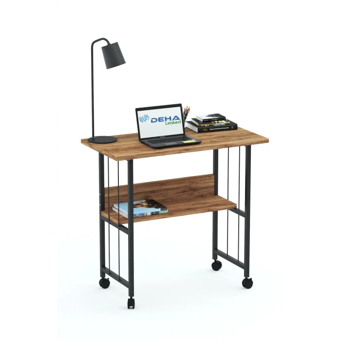 Raflı Frenli Tekerlekli Ofis Ders Laptop Çalışma Masası Metal Ayaklı Mutfak Tekerli Masa KAHVERENGİ