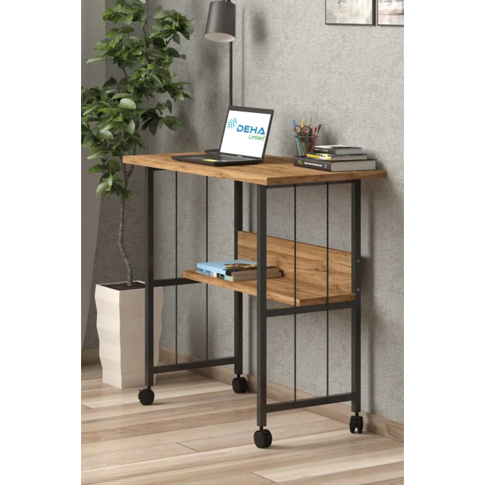 Raflı Frenli Tekerlekli Ofis Ders Laptop Çalışma Masası Metal Ayaklı Mutfak Tekerli Masa KAHVERENGİ