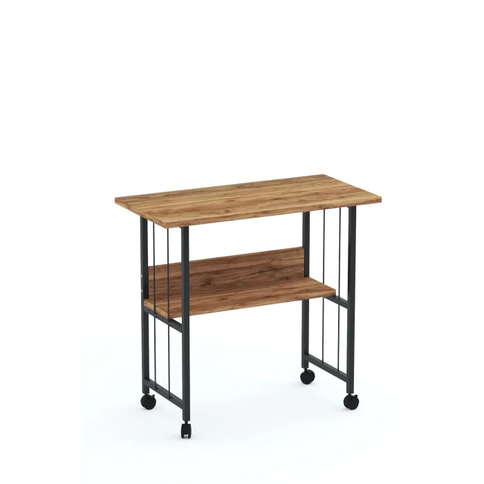 Raflı Frenli Tekerlekli Ofis Ders Laptop Çalışma Masası Metal Ayaklı Mutfak Tekerli Masa KAHVERENGİ