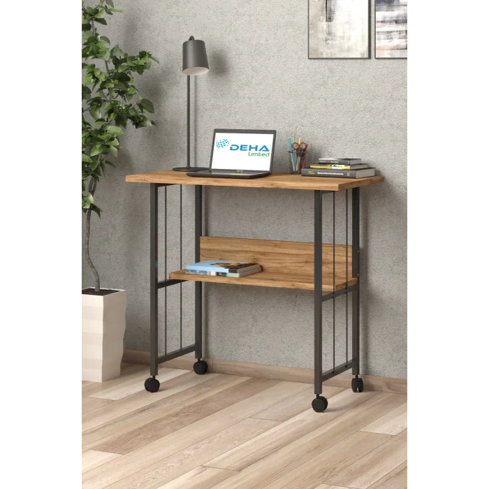 Raflı Frenli Tekerlekli Ofis Ders Laptop Çalışma Masası Metal Ayaklı Mutfak Tekerli Masa KAHVERENGİ