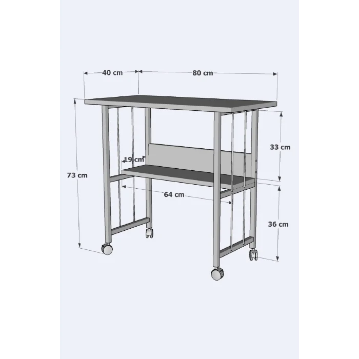 Raflı Frenli Tekerlekli Ofis Ders Laptop Çalışma Masası Metal Ayaklı Mutfak Tekerli Masa KAHVERENGİ