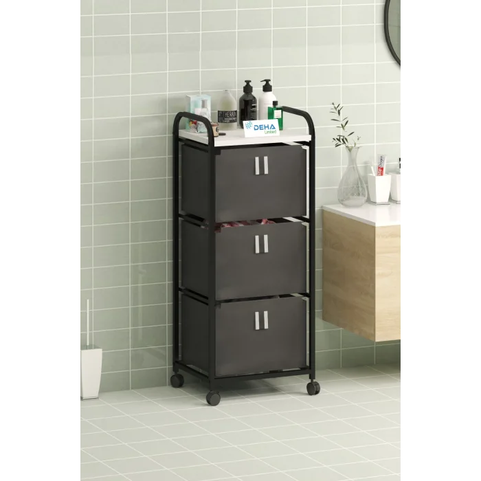 Üç Sepetli Frenli Tekerlekli Elbise Çamaşır Sepeti Banyo Dolabı Kirli Sepetli Banyo Düzenleyici Dolap