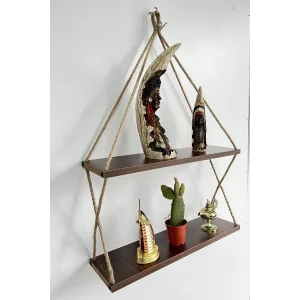 2 Katlı Jüt Keten Halatlı Duvar Rafı Çok Amaçlı Mutfak Banyo Oda Kitaplık Çiçeklik Rafı