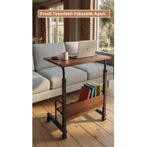 60X40 Raflı Yükseklik Ayarlı Frenli Tekerlekli Laptop Sehpası Çalışma Masası