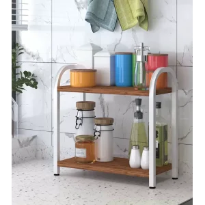 Banyo-Mutfak Toparlayıcı Düzenleyici Organizer 2 Katlı Geniş Metal Beyaz Bambu Tezgah Üstü Raf
