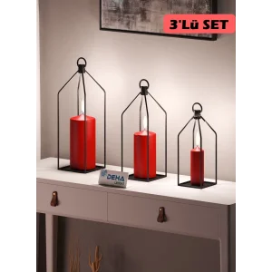 Metal Kafes 3’lü Set Mumluk Fener Dekoratif Mumluk Ferforje Şamdan