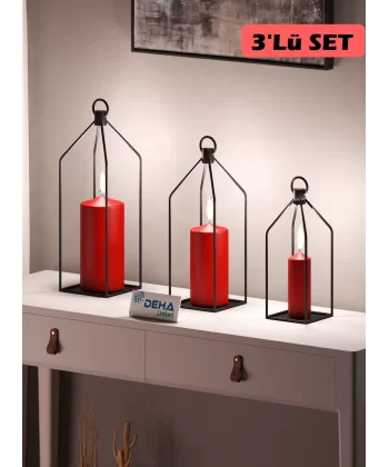 Metal Kafes 3’lü Set Mumluk Fener Dekoratif Mumluk Ferforje Şamdan