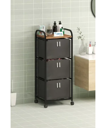 Üç Sepetli Frenli Tekerlekli Elbise Çamaşır Sepeti Banyo Dolabı Kirli Sepetli Banyo Düzenleyici Dolap