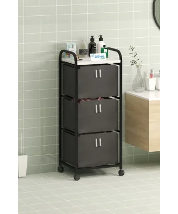 Üç Sepetli Frenli Tekerlekli Elbise Çamaşır Sepeti Banyo Dolabı Kirli Sepetli Banyo Düzenleyici Dolap