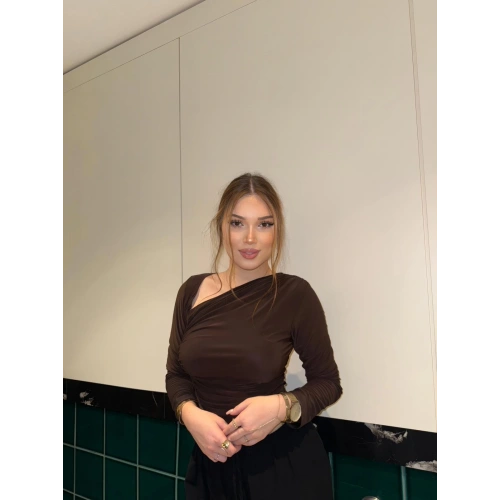 Dropeli V Yaka Uzun Kol Kahverengi Bluz