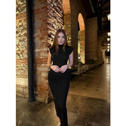 Simli Balıkçı Yaka Siyah Elbise