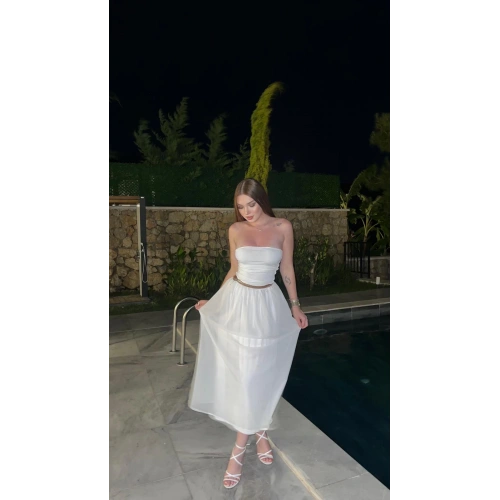 Straplez Beyaz Uzun Elbise