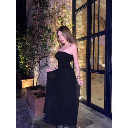 Straplez Siyah Uzun Elbise