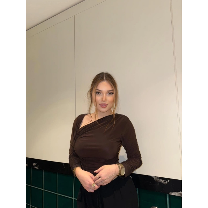 Dropeli V Yaka Uzun Kol Kahverengi Bluz