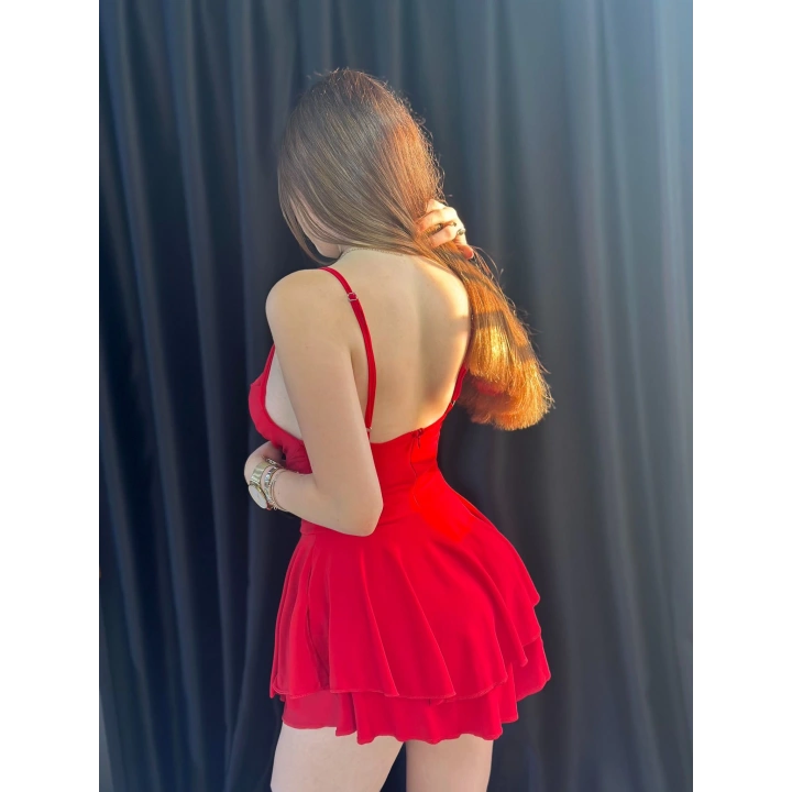 İp Askılı Şortlu Kırmızı Elbise