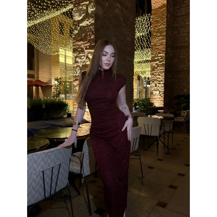 Simli Balıkçı Yaka Bordo Elbise