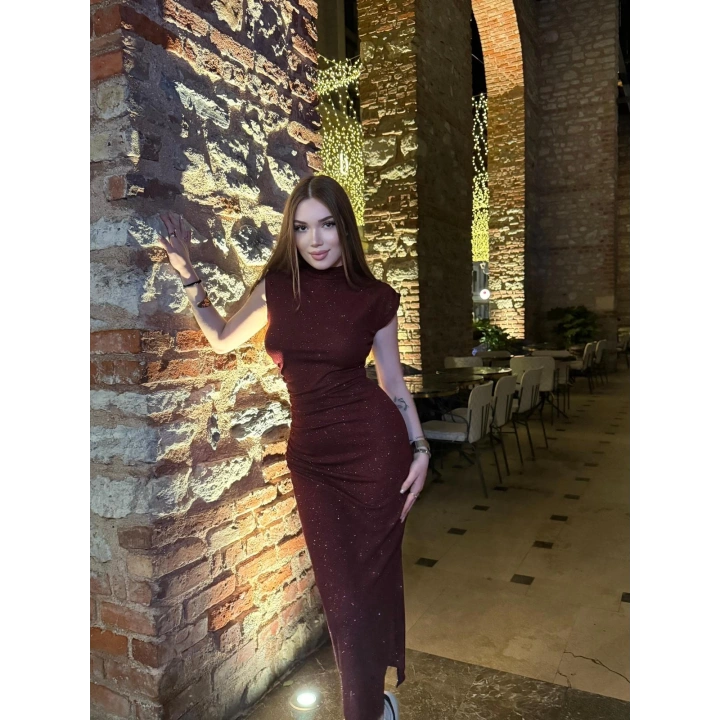 Simli Balıkçı Yaka Bordo Elbise