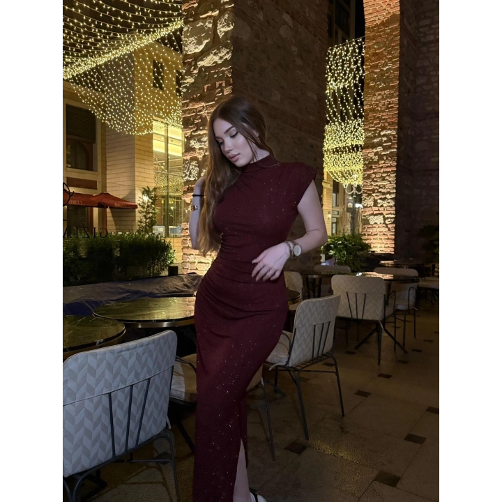 Simli Balıkçı Yaka Bordo Elbise