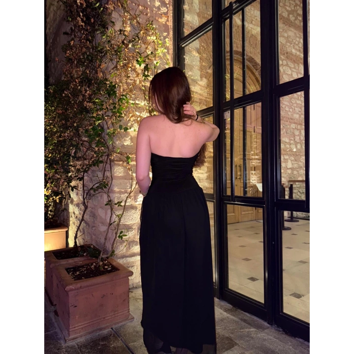 Straplez Siyah Uzun Elbise