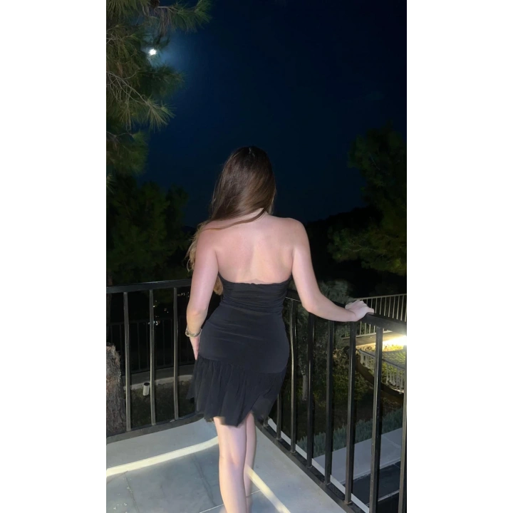 Tokalı Siyah Straplez Elbise