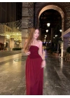 Straplez Kırmızı Uzun Elbise