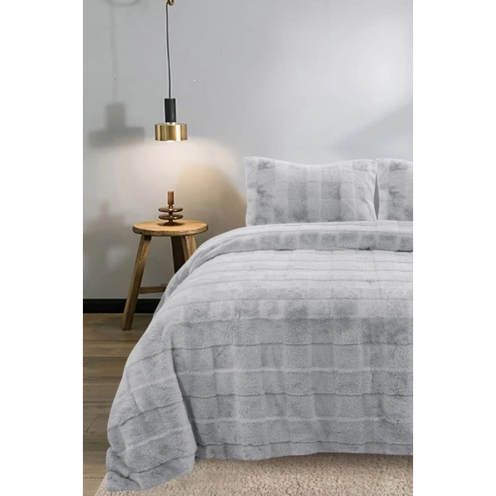 İPEKÇE TAVŞANTÜYÜ SOFT GRİ ÇİFT KŞ. YATAK ÖRTÜSÜ
