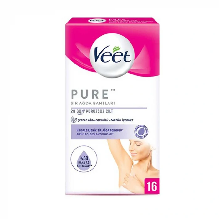 Veet Hipoalerjenik Sir Ağda Bandı Pure Bikini Bölgesi ve Koltuk Altı 16lı + 3 Adet Temizleme Mendili Hediye