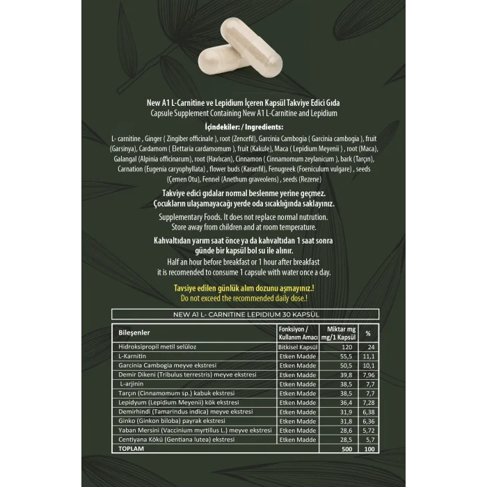 NEW A1 L-Carntine Lepdium 30 Kapsül (Şişe)