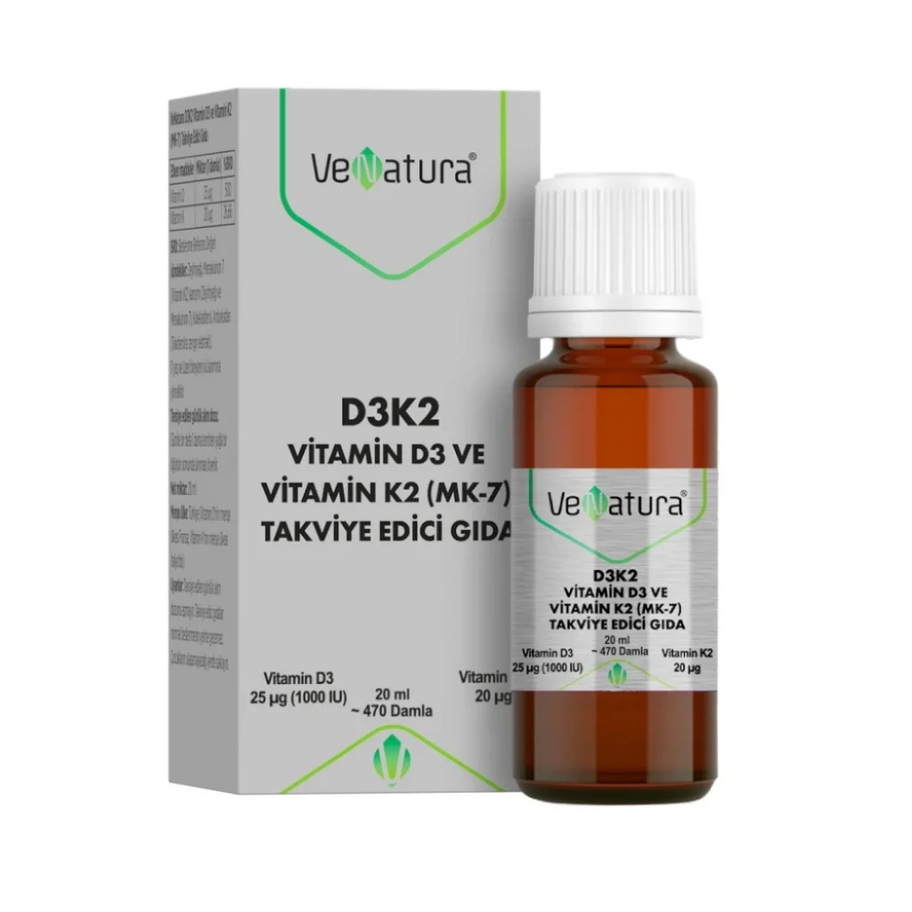 Venatura D3K2 Vitamin D3 1000 IU ve Vitamin K2 11,25 mcg MK-7 Takviye Edici Gıda 20 ml