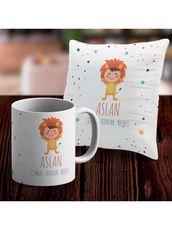 Aslan Tasarımlı Kupa ve Yastık Kılıfı Seti