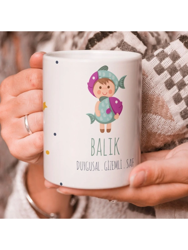 Balık Burcu Özel Sevimli Beyaz Kupa Bardak