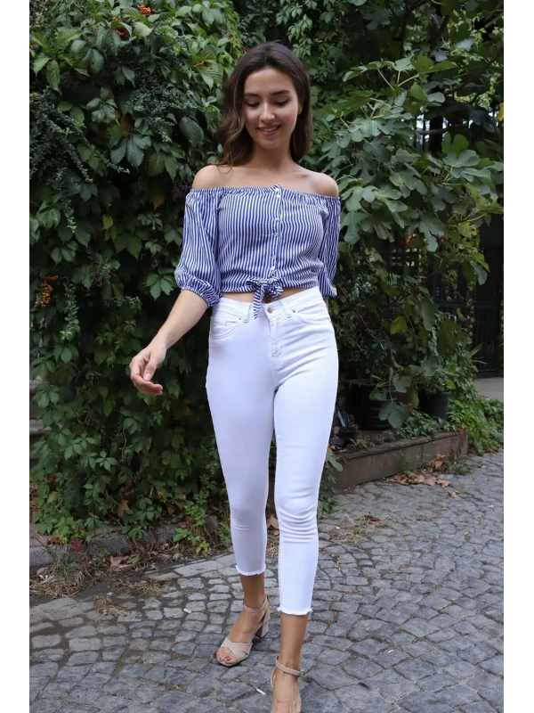 Belden Bağlamalı Bluz - MAVİ