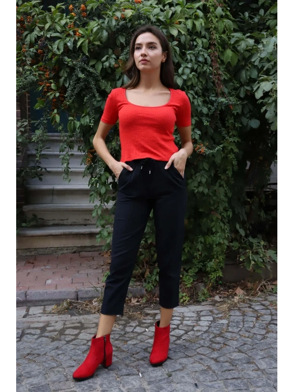 Geniş Yaka Triko Bluz - KIRMIZI