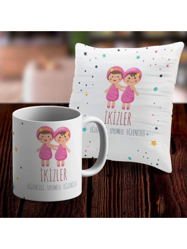 İkizler Tasarımlı Sevimli Kupa ve Yastık Kılıfı Seti