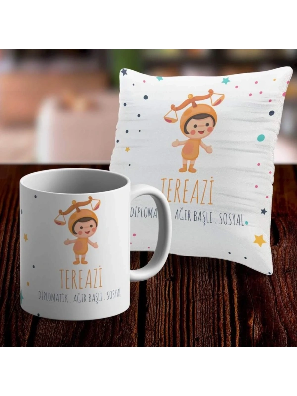 Terazi Tasarımlı Sevimli Kupa ve Yastık Kılıfı Seti