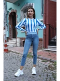 Çizgili Tasarım Triko Bluz - MAVİ