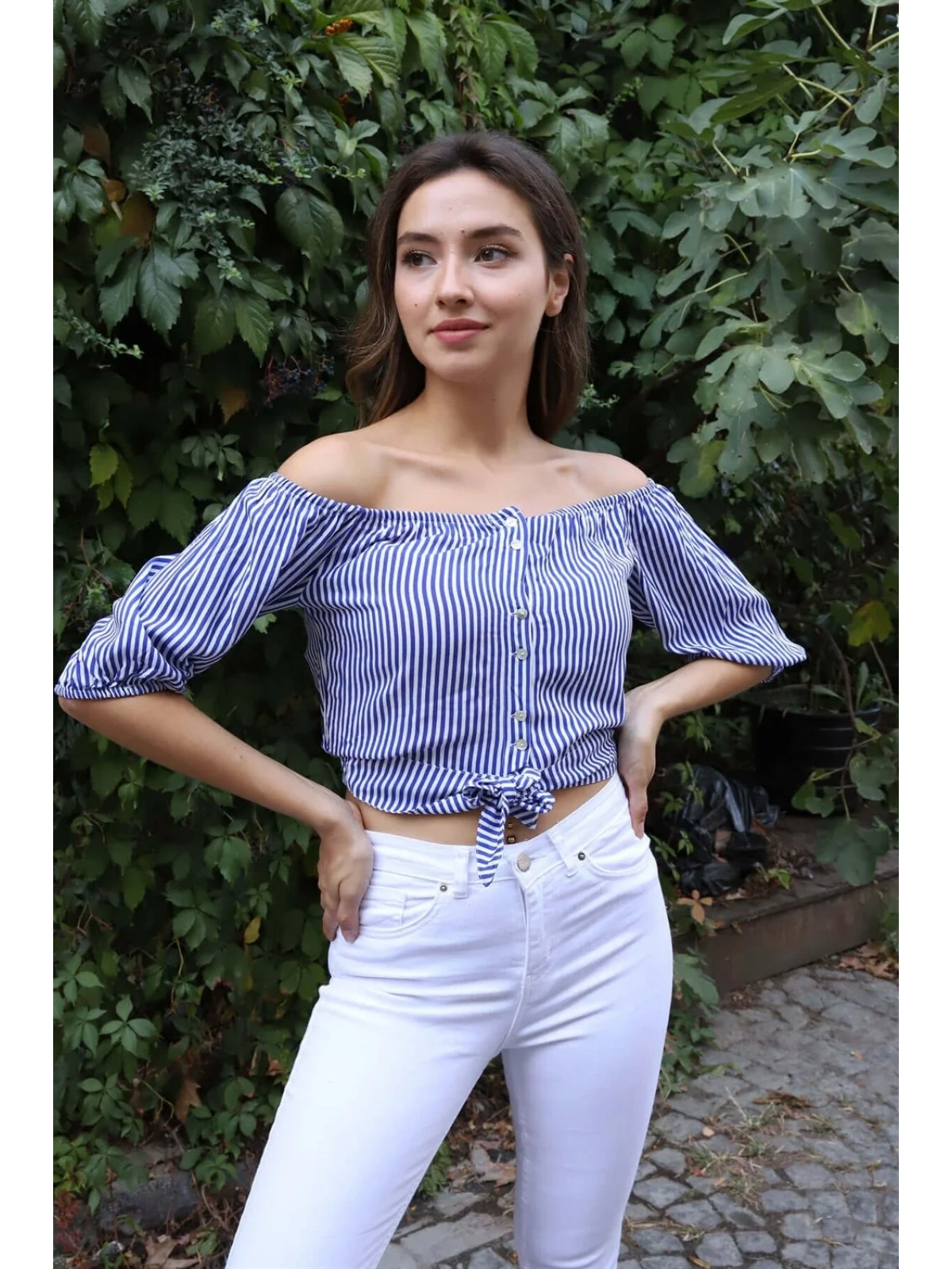 Belden Bağlamalı Bluz - MAVİ