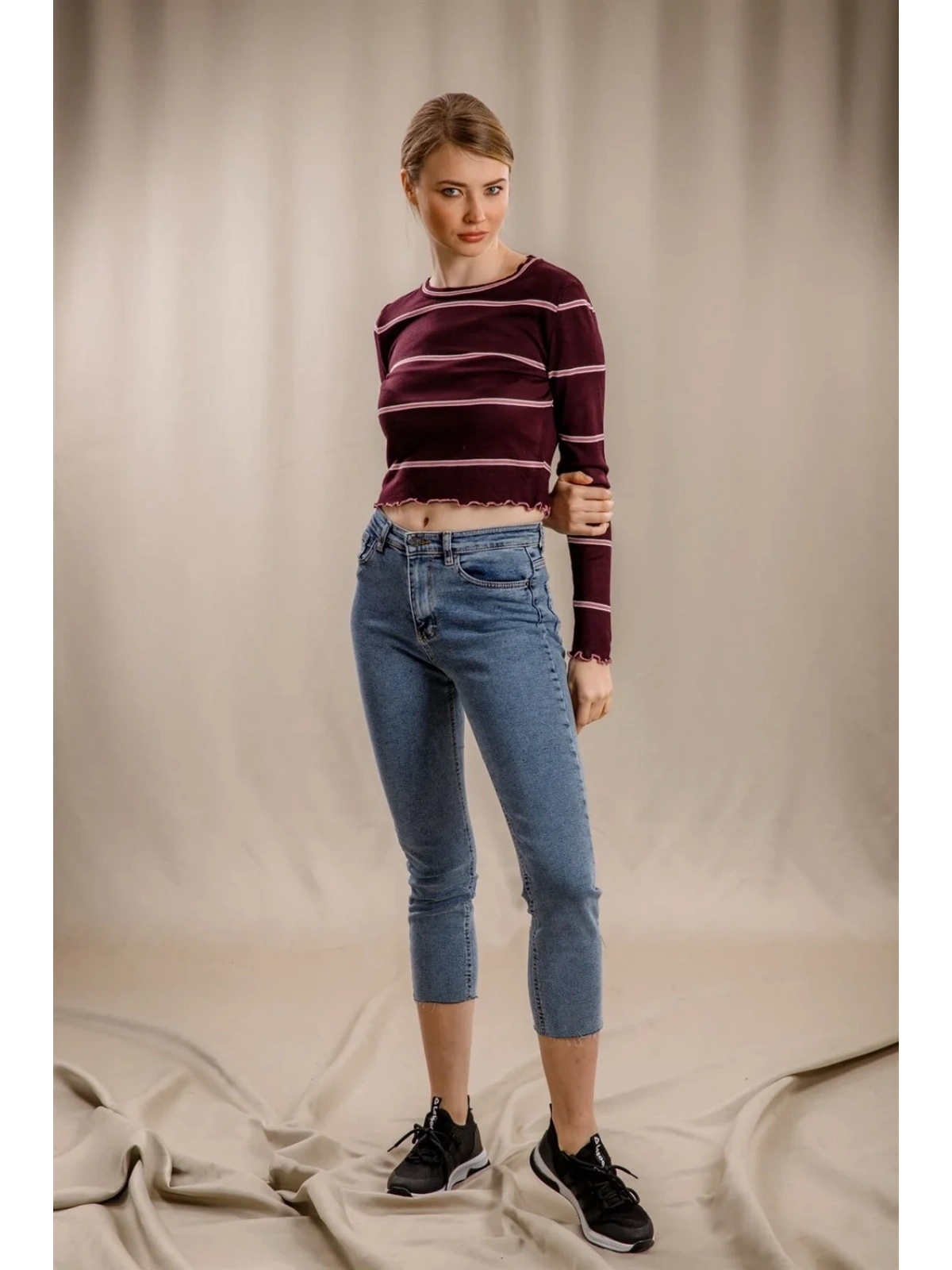 Çizgili Crop Triko - BORDO